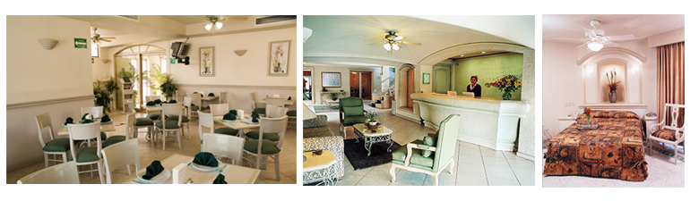 A montage of 3 photos showing different areas of the Guadalajara Medical Center Inn, a surgery recovery inn in Guadalajara, Mexico